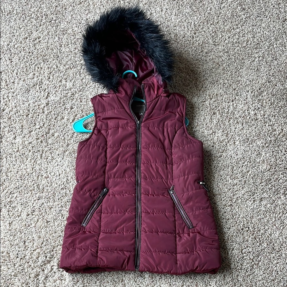 Maurices Maroon and Black Puffer Vest with Faux Fur Hood